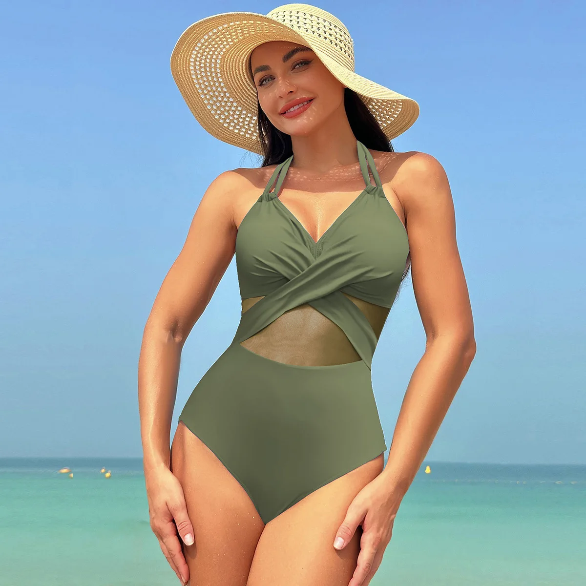 Wholesale one-piece swimsuit female sensual bikini large size plus pop women swimsuit solid color mesh bikini sexy swimsuit
