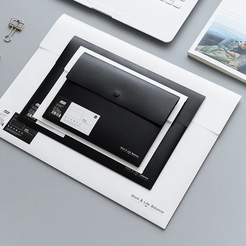 Black and White Frosted PP File Bag Office Plastic Folder A5/A4/A3 Button Closure Document Holder Large Capacity Data Organizer