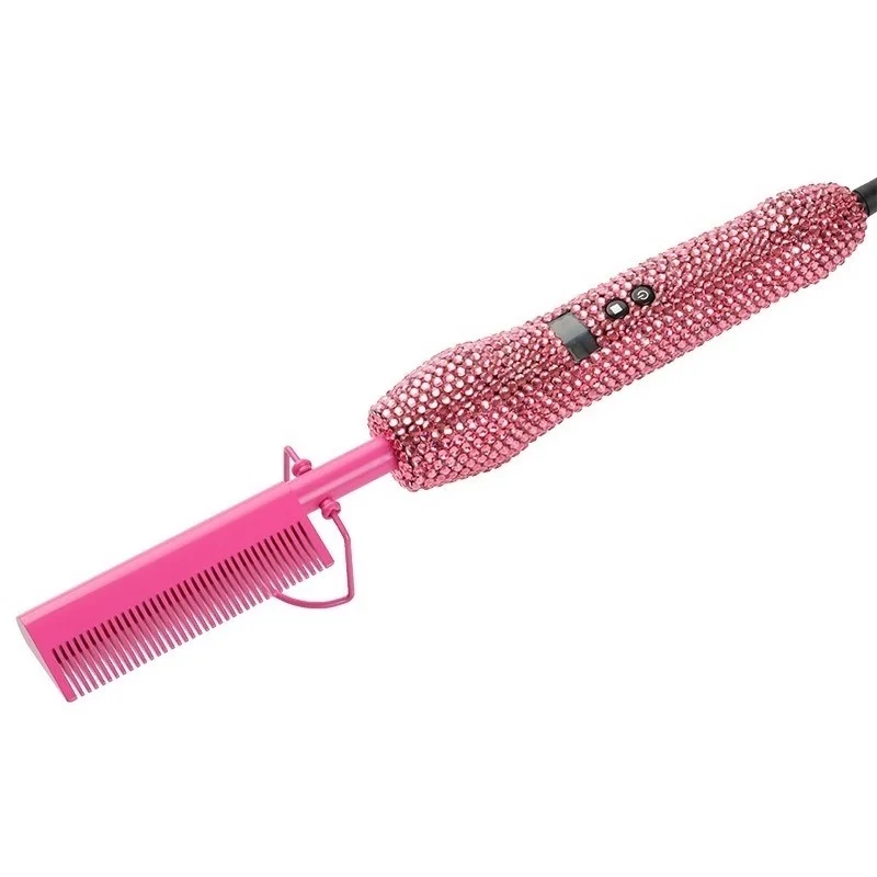 Private Label Ceramic Straightening Styling Pink Rhinestone Hair Combs and Brushes Trending Hot Comb with Lcd