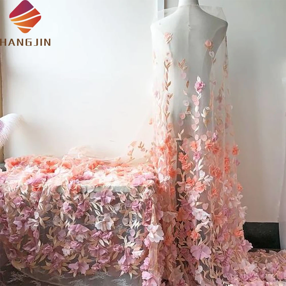 Peach Pink Soft 3D Chiffon Flower Lace Fabric 3D Flowers Petals Embroidery Bridal Tulle Lace Fabric For Wedding Dress