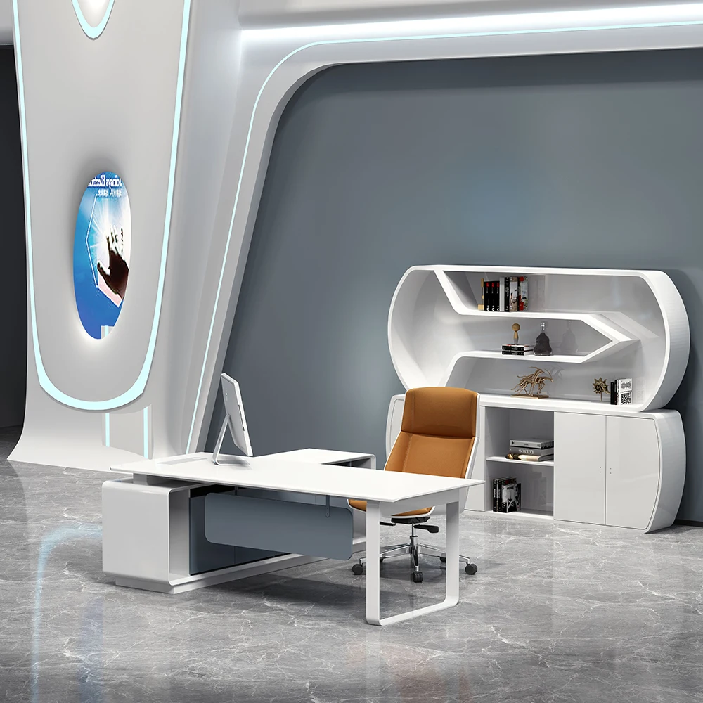 Contemporary Cheap High Gloss For White Color Computer Tables l Shaped Fixed Big Office Desks And Cabinets