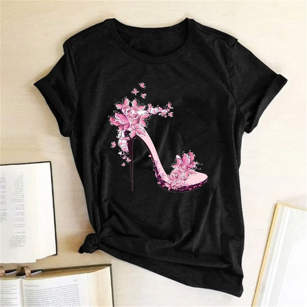 Ladies High Heel Cute Printed Tops Tee Casual Female T Shirts