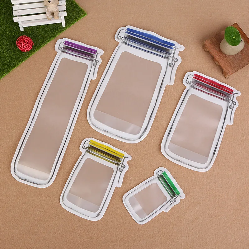 Wholesale Special Design Plastic Storage Bottle Shaped Stand Up Pouch Mason Jar Shaped Zipper Bag
