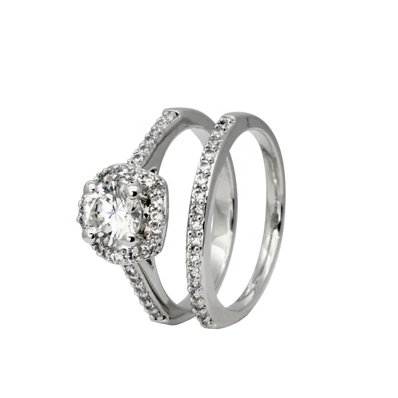Classic Jewelry Women 925 Sterling Silver Bling Bling Halo Cubic Zircon Stone Wedding Engagement Ring Set