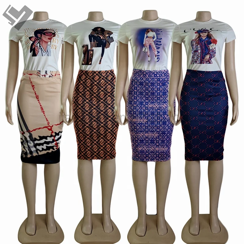 2023 New Arrival Famous Brand Women Summer 2 Piece Set Luxury Clothing Designer Print Short Sleeve T Shirt Midi Skirt Set