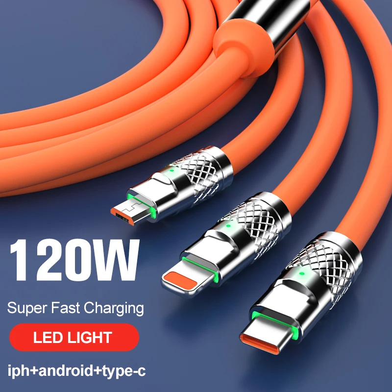 Multi Charging Cable 3 in 1 120W PD Super Fast USB Cord Silicone Charger Cable Compatible with IPH/Type-C/Micro-USB port