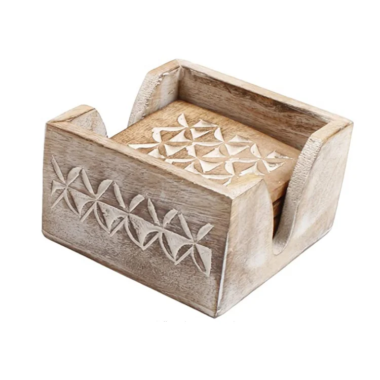 Custom hand made mango wood carefully designed set of 4 wood coasters holder