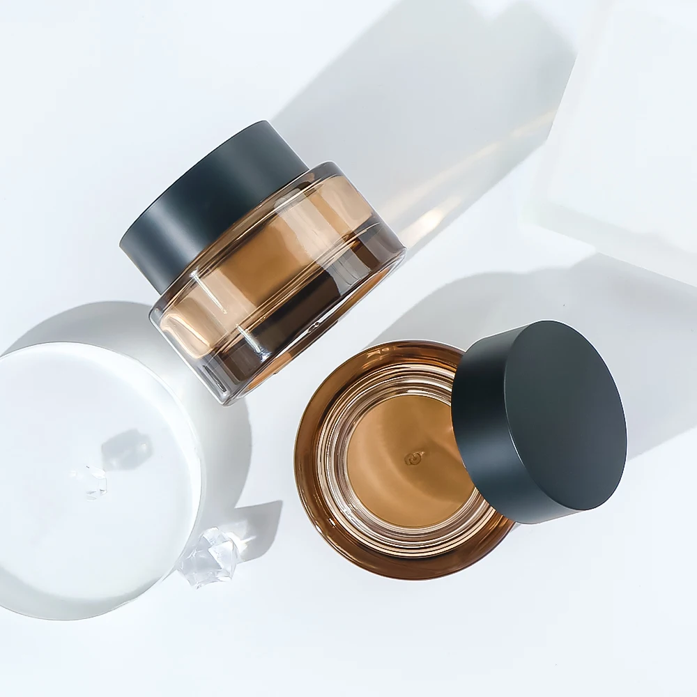 30g 50g Amber Glass Cream Jars with Black Bamboo Tops Brown Glass Bottles with Plastic Bamboo lid