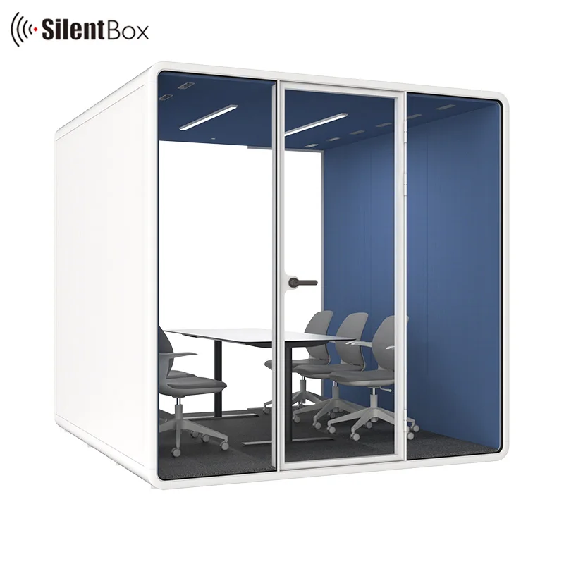 Elegant office pods model XL- 6 - person booth portable and detachable cabin with compact laminate furniture