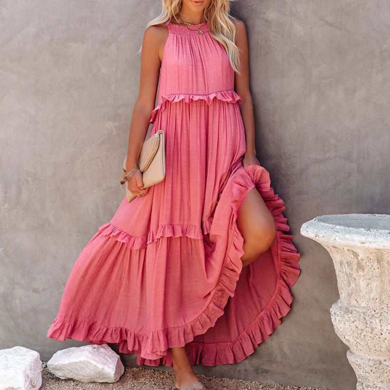 Women Sleeveless Beach Dress Summer Halter Layered Ruffles Casual Boho Flowy Maxi Dress