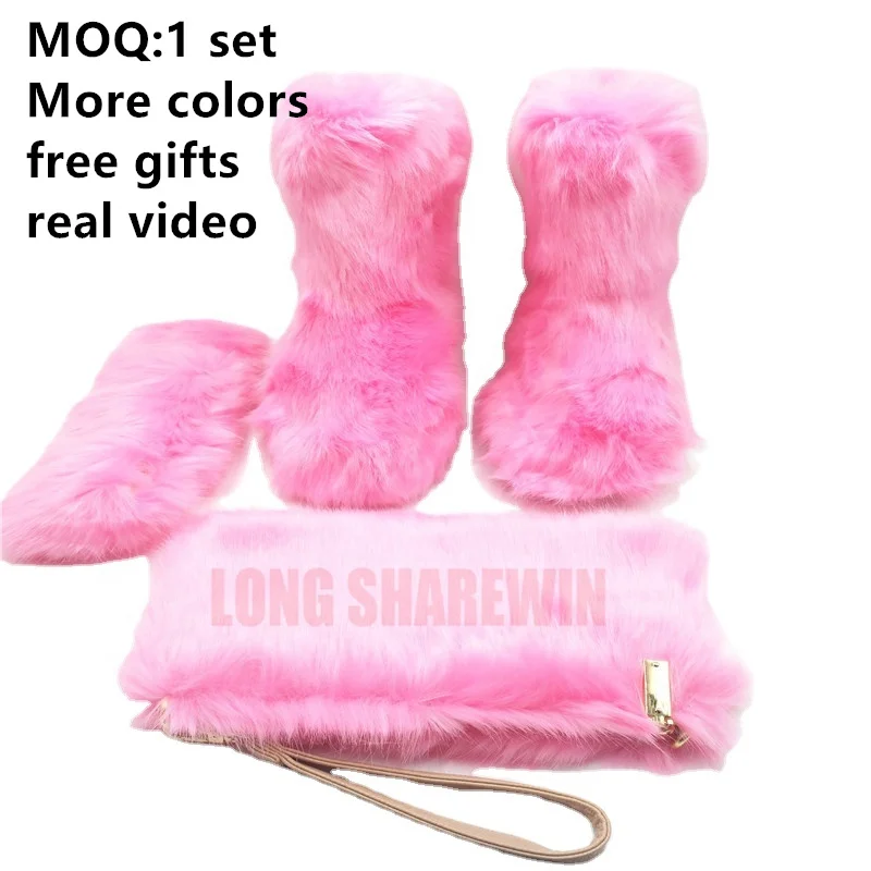 MOQ 1 free gifts Wholesale custom logo winter colorful faux fox fur women girls snow boots matching purse and headband boots