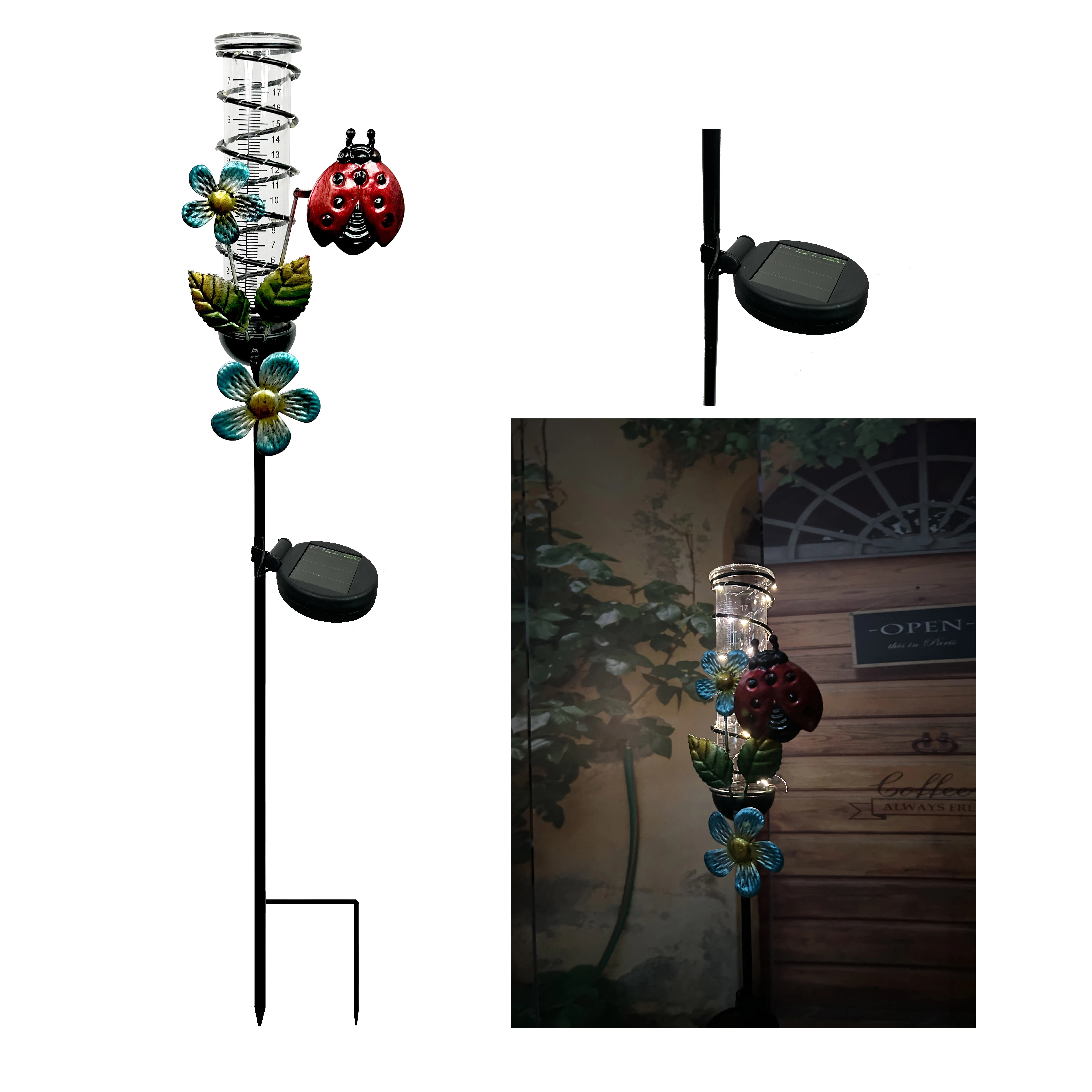 Glass Tube Rain Gauge Metal & Ladybug & Hummingbird with Solar Lights Rain Gauge Stake for Garden Decor