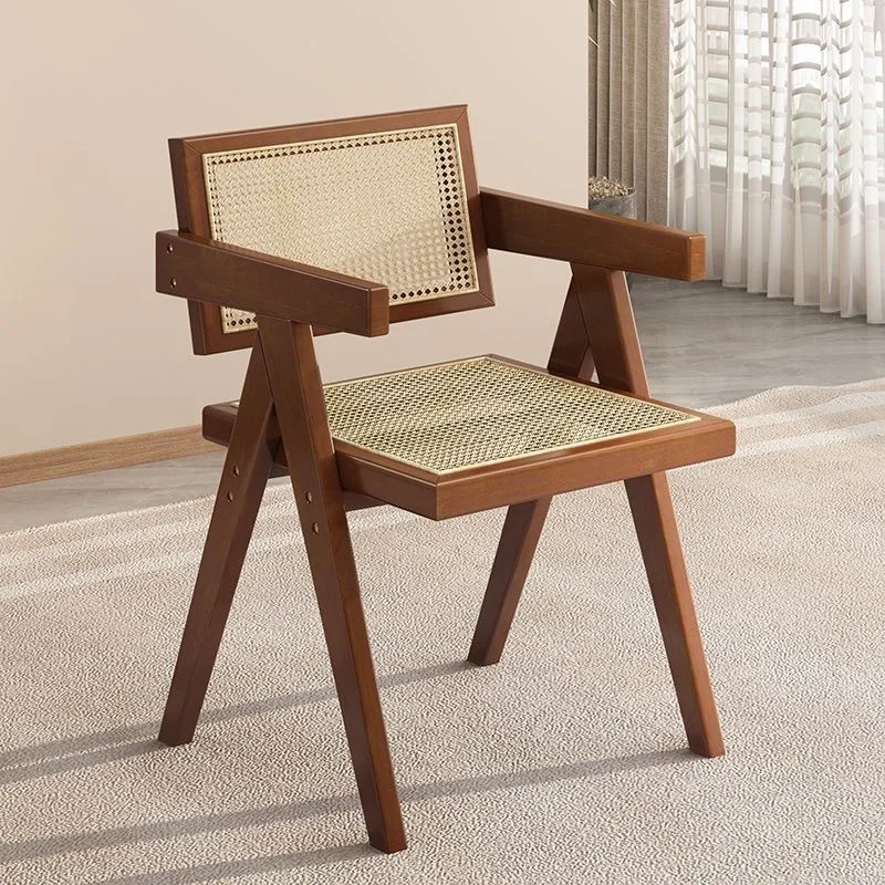 retro cane chair solid wood armchair household dining table chair simple courtyard backrest cane chair for living room custom