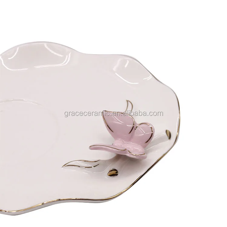 Pink Butterfly Embossed Ceramic china Fine Porcelain Cup And Saucer With Gold Rim