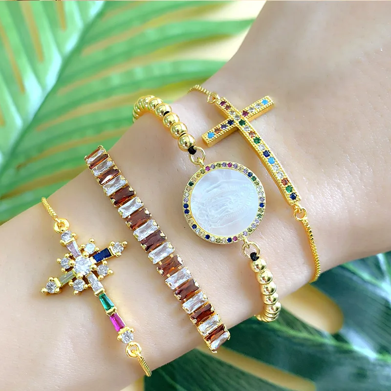 Stock ! Mexico style wholesale rainbow colorful shine cross shell cz bracelets brass bangle jewelry for party