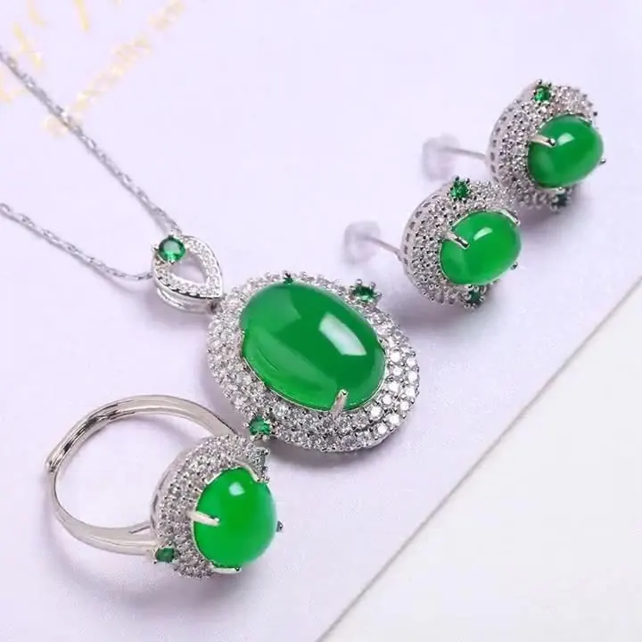 High End Female Emerald Jade Pendant Emerald Jade Earrings Ring Pendant Three Pieces Of Wedding Jewelry Set