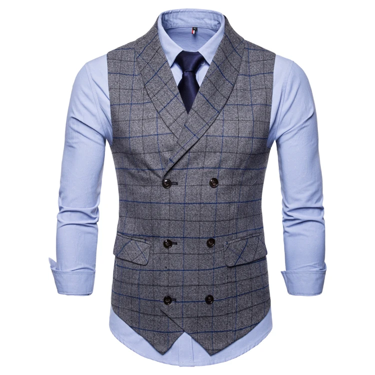  Slim Fit Business Clothes Formal Plaid Men Vest Waistcoat Cotton Suit Chalecos Hombre Double