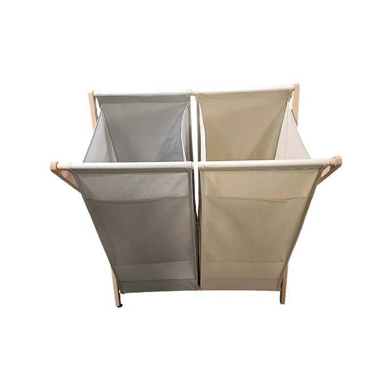 Divided 2 Compartments X Shape Fabric Bags Collapsible Bamboo Laundry Basket Hamper