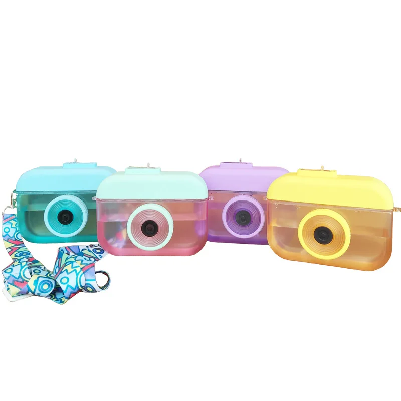 Wholesale Kids Cute drink purses handbag straw Fruit cup female 400ml plastic kids camera shaped water bottle  messenger bags