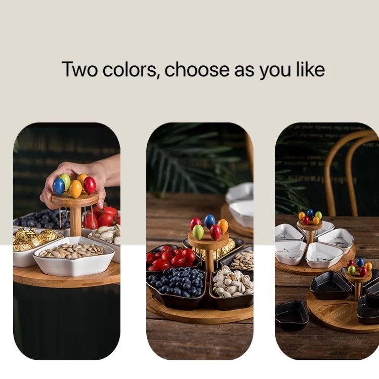 Ceramic marble fruit plate with bamboo and wood base pins snack plate for dried fruit and nuts