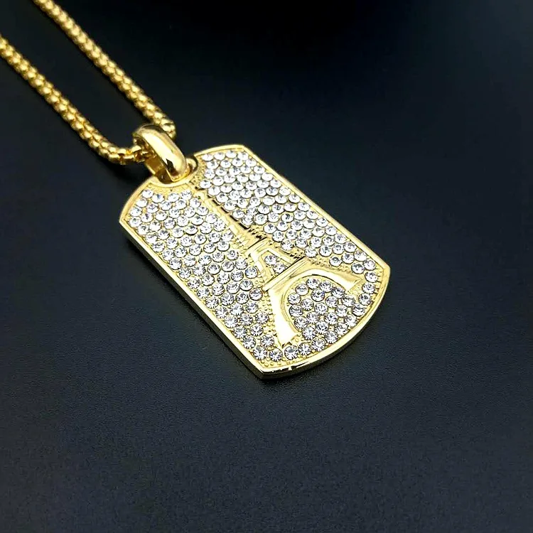 Hip Hop 18K Gold Plated Titanium Steel Crystal Iron tower Dog Tags Pendant Necklace