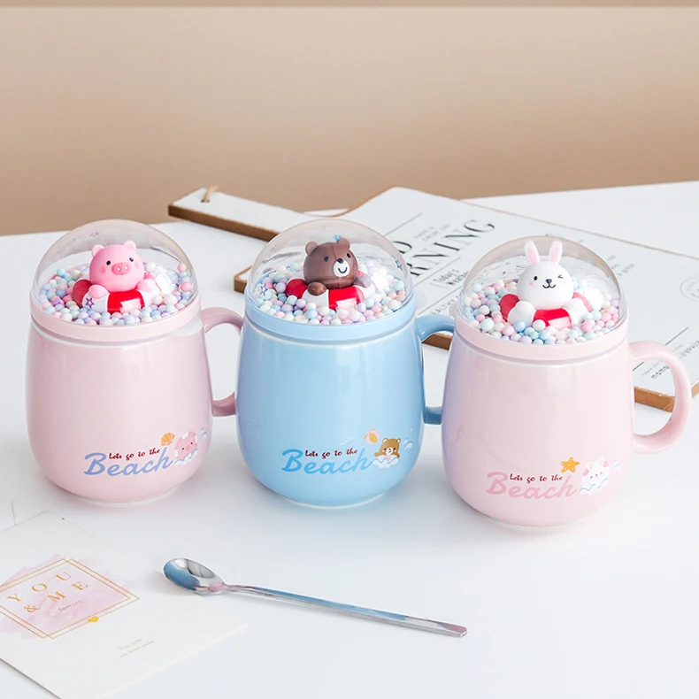 Cartoon Animal Micro-landscape Swimming Ring Ceramic Cups Coffee Mug Couple Water Cup With Lid Spoon