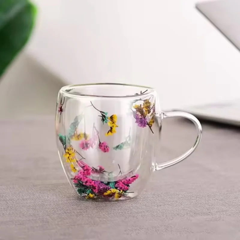 Creative Double Wall Coffee Mug Real Dried Flower Filler Glass Cups Tea Coffee Cup With Handles Heat Resistant Mug Gift