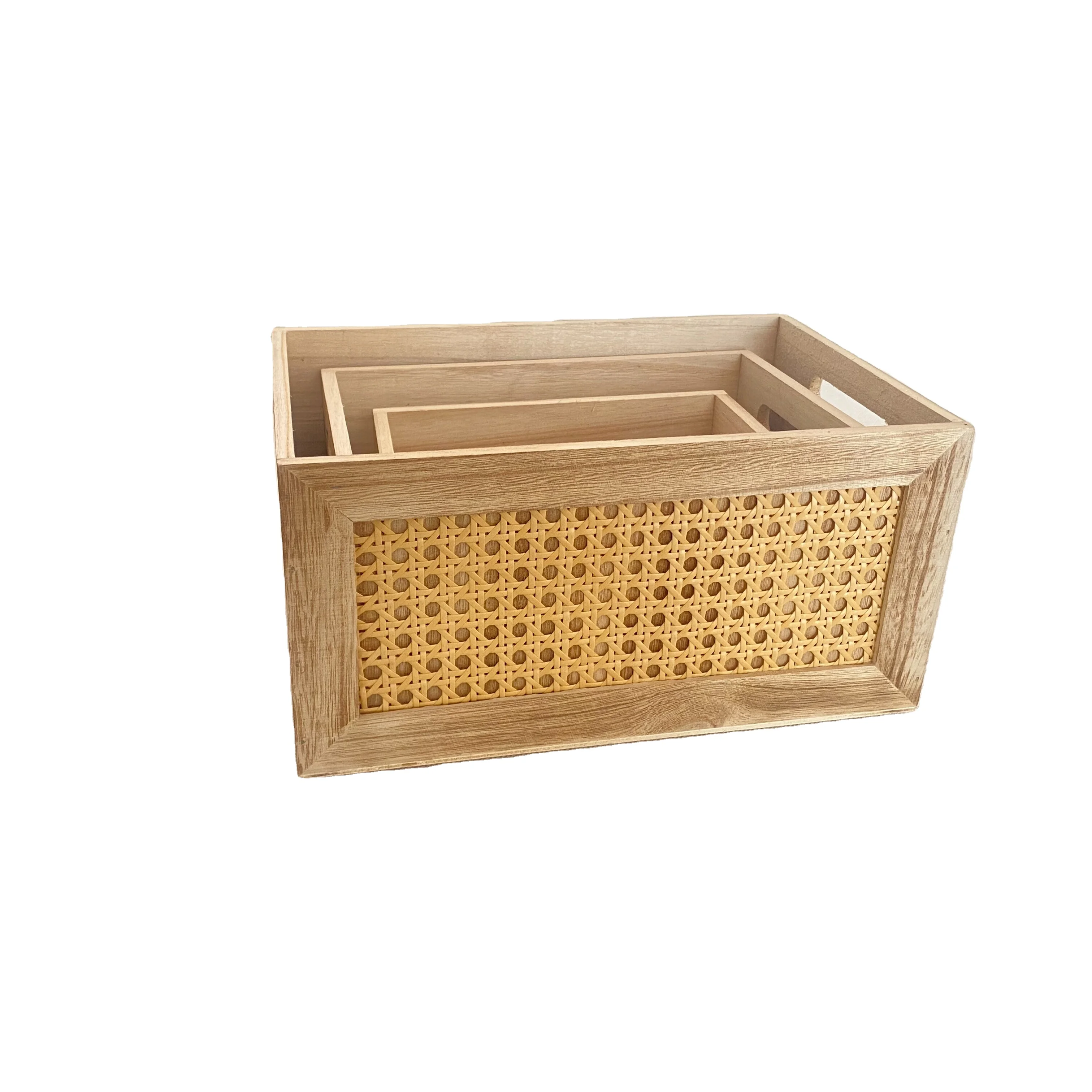 New S/3 home decoration solid wood rattan woven finishing storage box storage box