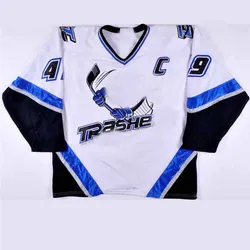 Custom DT  Danbury Trashers 2004-05 Jersey Black White Blue Full Tackle Twill custom hockey Jersey