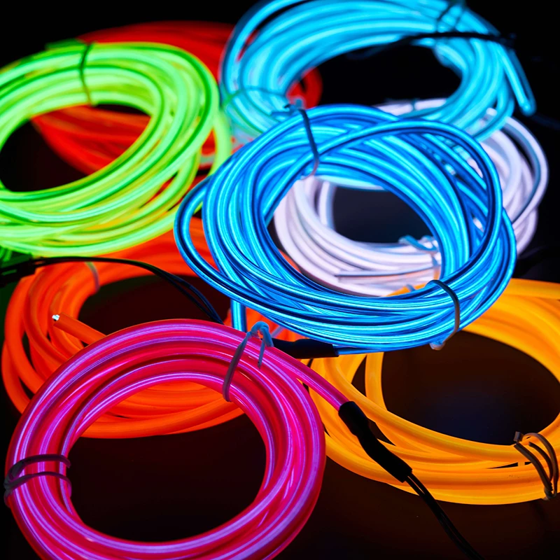 Flexible EL Wire LED Neon Lights Portable Neon Glowing Multi Color Electroluminescent EL Neon Wire 1-5 Meter with Battery Case