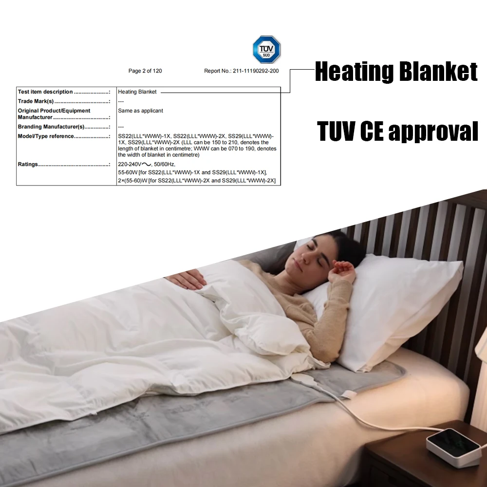 Wifi Connection Heated Mattress Pad Applied By Tuya App Mobile Control 180x80cm Fast Heating