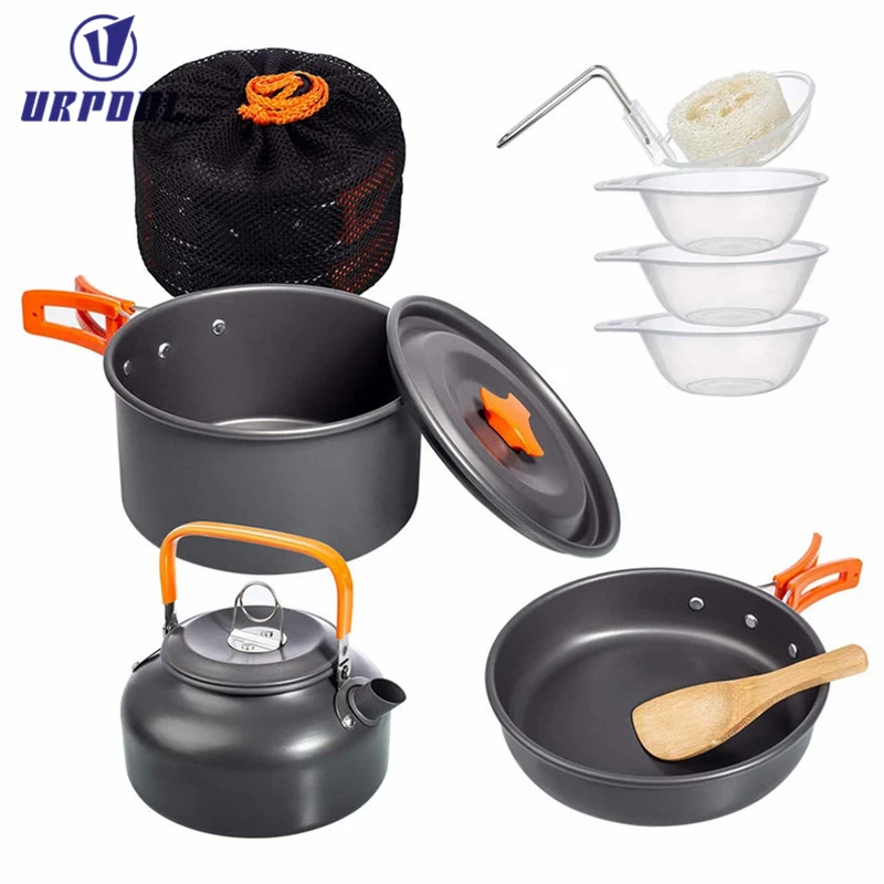 Camping Cookware Mess Kit Non-Stick Pot and Pan Set with Kettle Lightweight outdoor folding cookware for Cooking Picnic