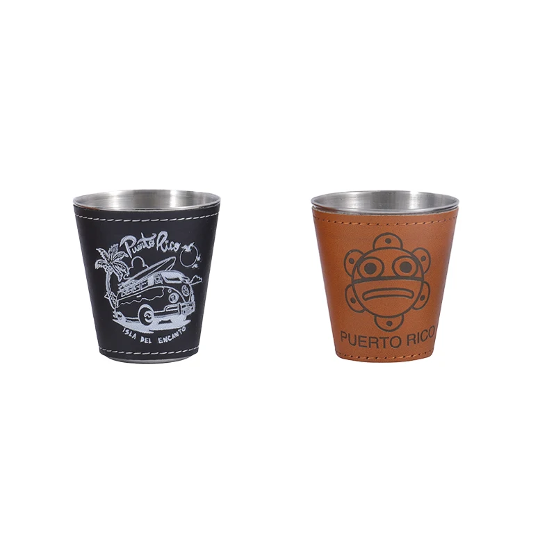 Stainless Steel Shot Cups Drinking Vessel With Brown Leather