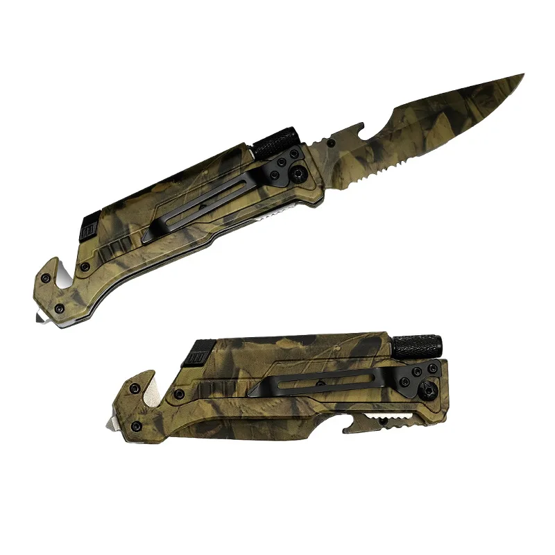 Built in Fire Starter in Aluminium Oxidized Handle LED Light 3Cr13 Serrated Blade with Bottle Opener Camouflage Folding Knife
