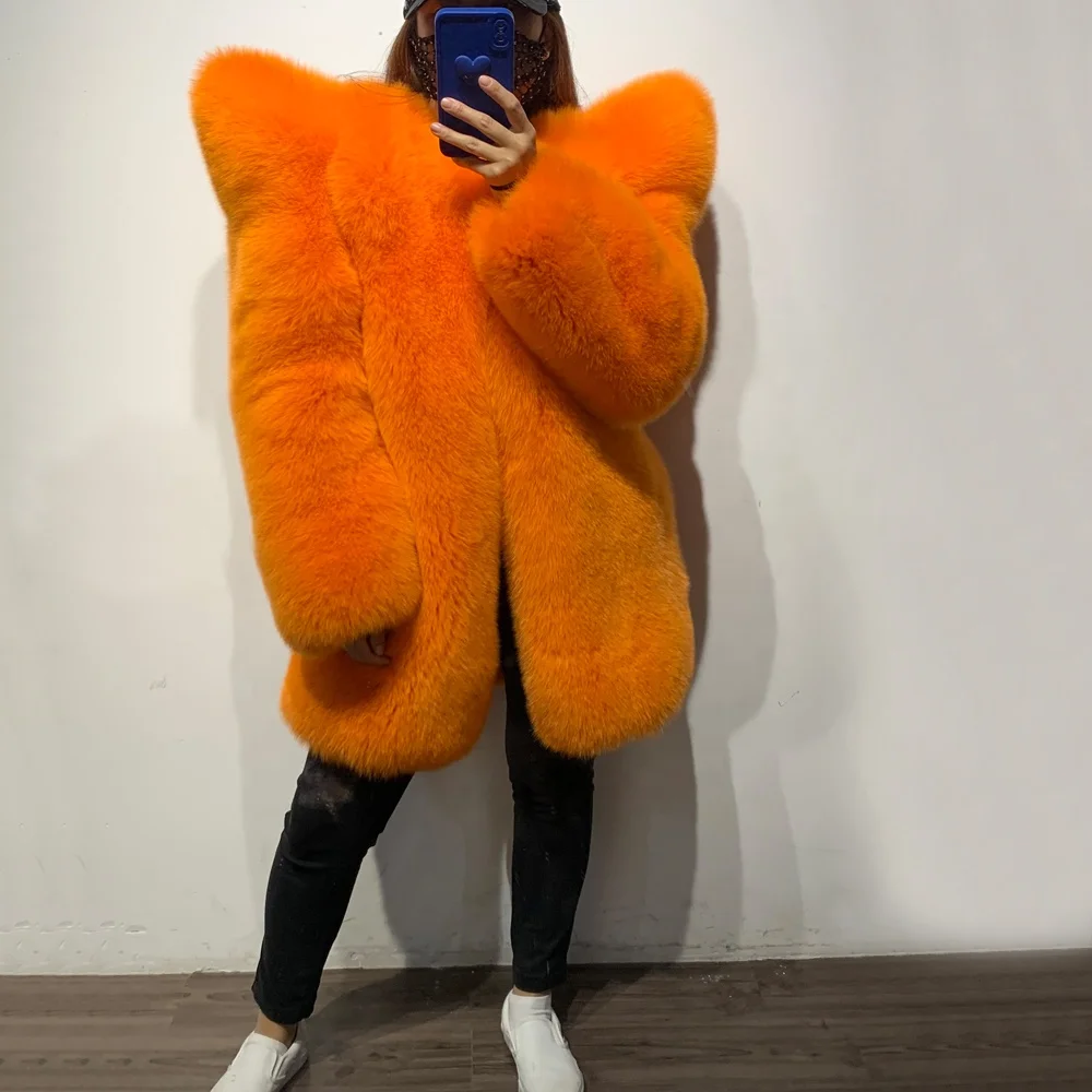 2023 Fashion Luxury Winter Warm Thick Orange Fox Fur Coat Women Wide Shoulder Full Pelt Natural Fox Fur Jacket Ladies