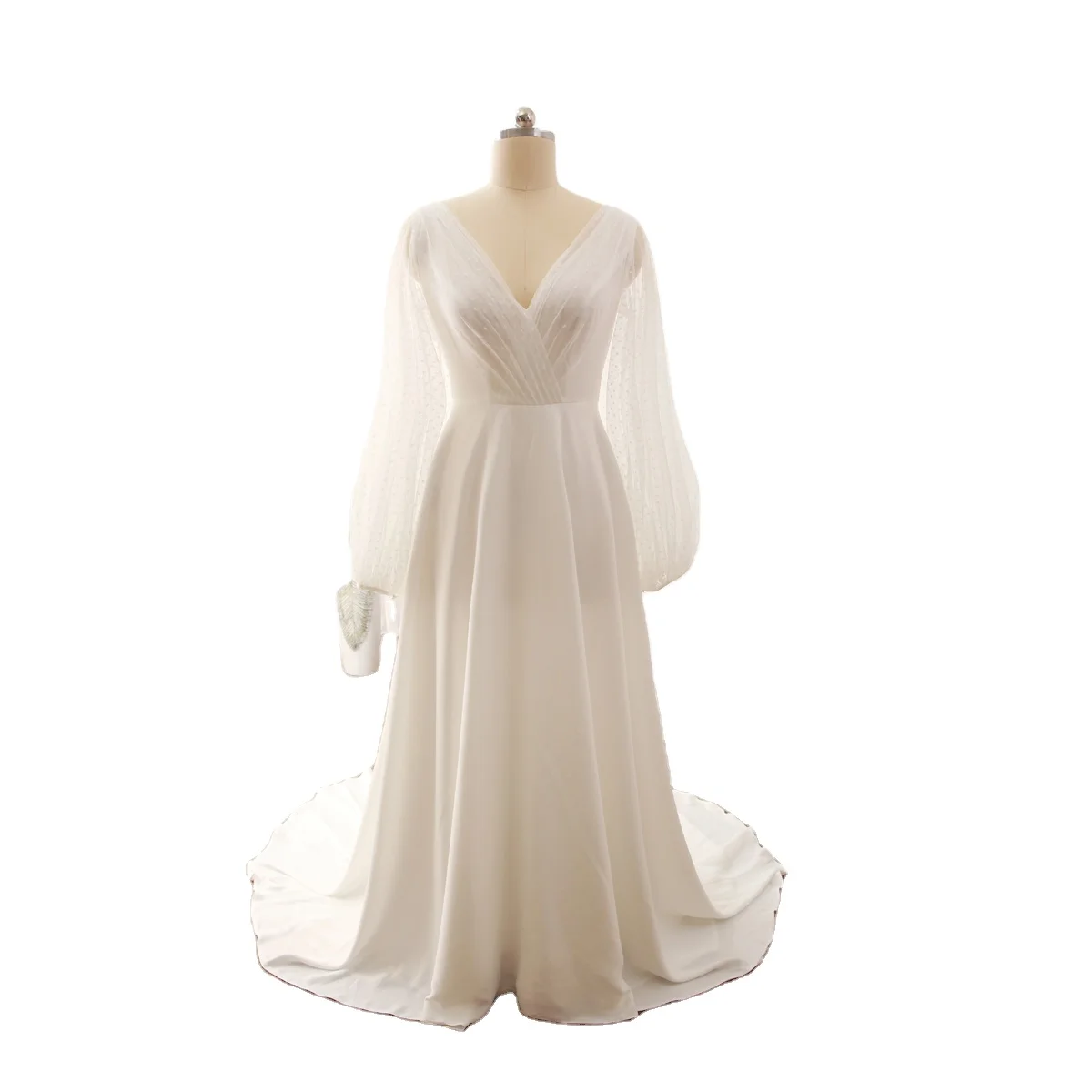 Ivory casual A-line crepe stretchy satin loose long sleeve customize fairy gown sexy princess wedding dresses
