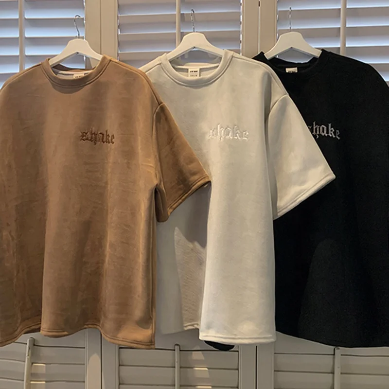 Custom logo vintage shortsleeved mens tee summer loose European American high street heavy embroidered suede halfsleeve tshirt