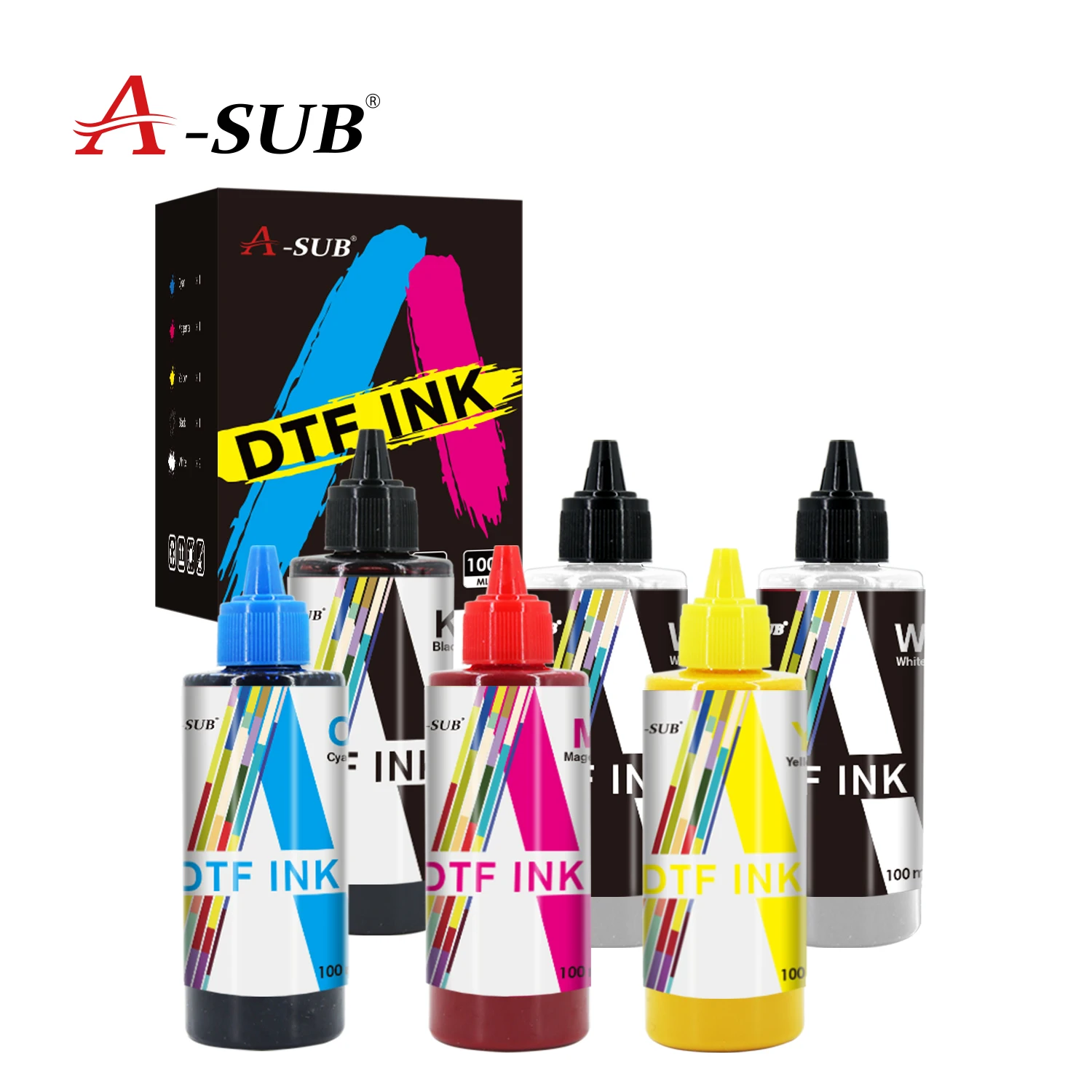A-SUBGL яркий цвет DTF ПЭТ теплопередающая пленка чернила CMYK + WW 100 мл * 6