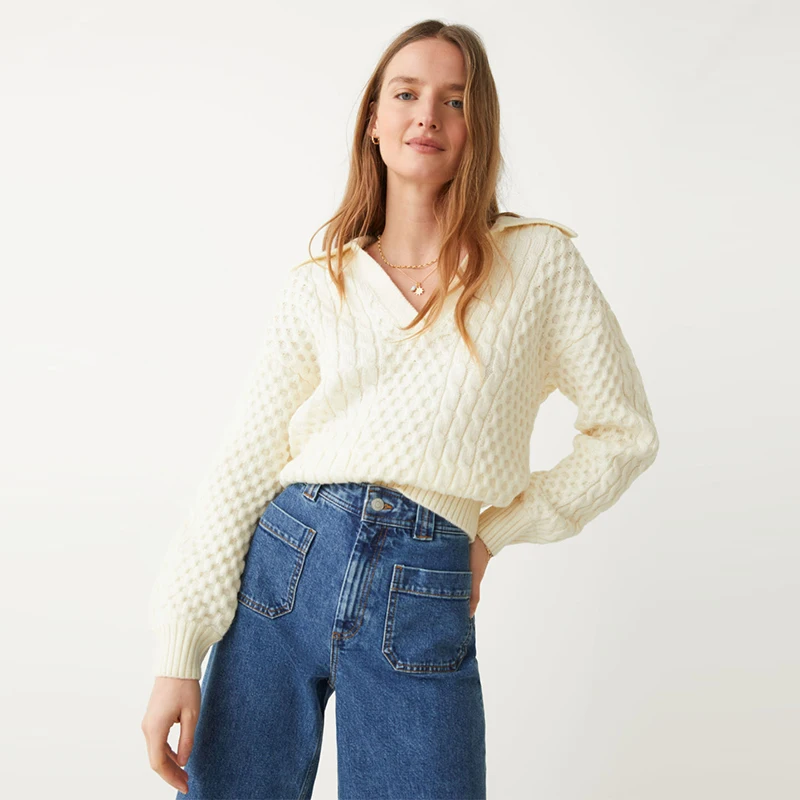 New Fashion Custom Ribbed Collar Cable Knit Sweater With Cuffs And Hem Merino Wool Polo Sweater With A Cable Knit