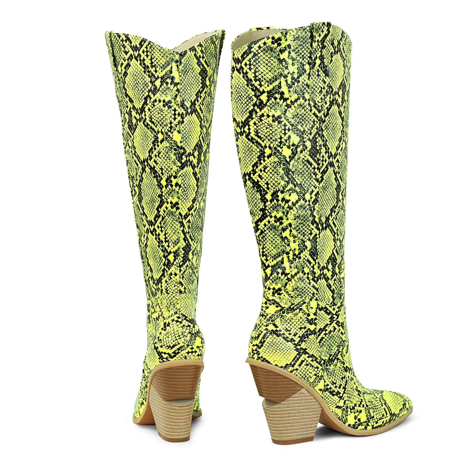 Women Western Snake Print Snakeskin Chunky Heel Pointed Toe Knee High Cowgirl Cowboy Boots