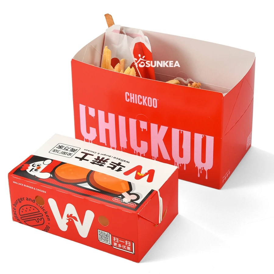 Custom Logo folded paper burger chip together fast food packaging korean fried chicken take out  togo box