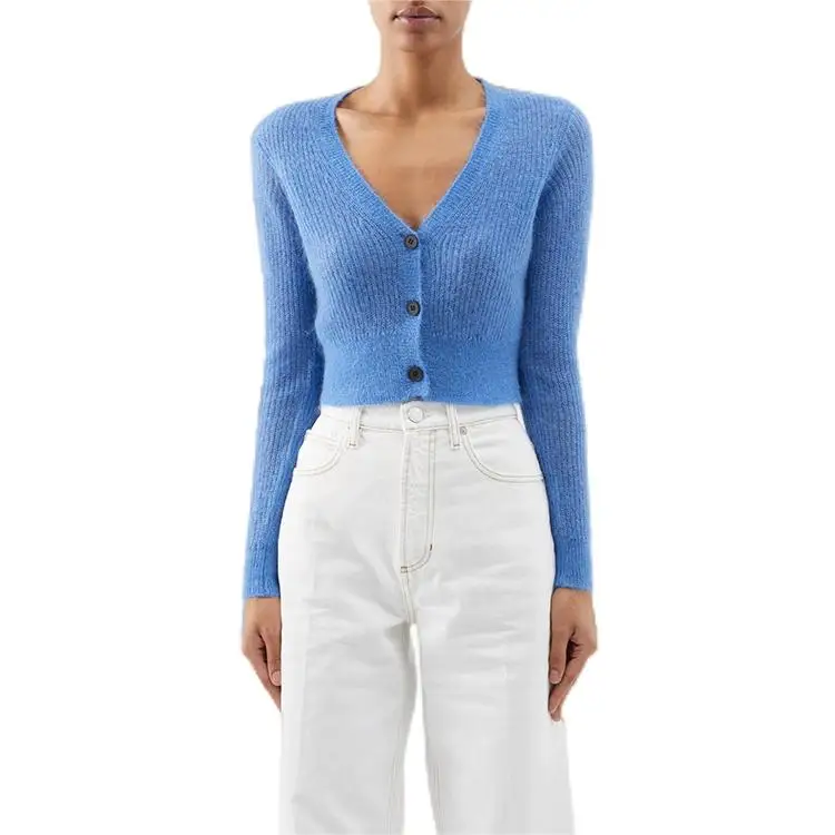 AiNear custom logo designer fuzzy plain alpaca knit cardigan sweater women knitwear cropped knitted women sweaters cardigans