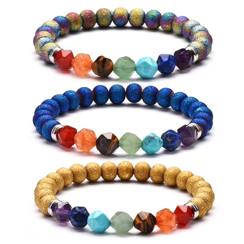 2020 Natural stone faceted energy crystal bracelet Yoga 7 Chakra colorful open smile Agate colored bracelet for Men Women