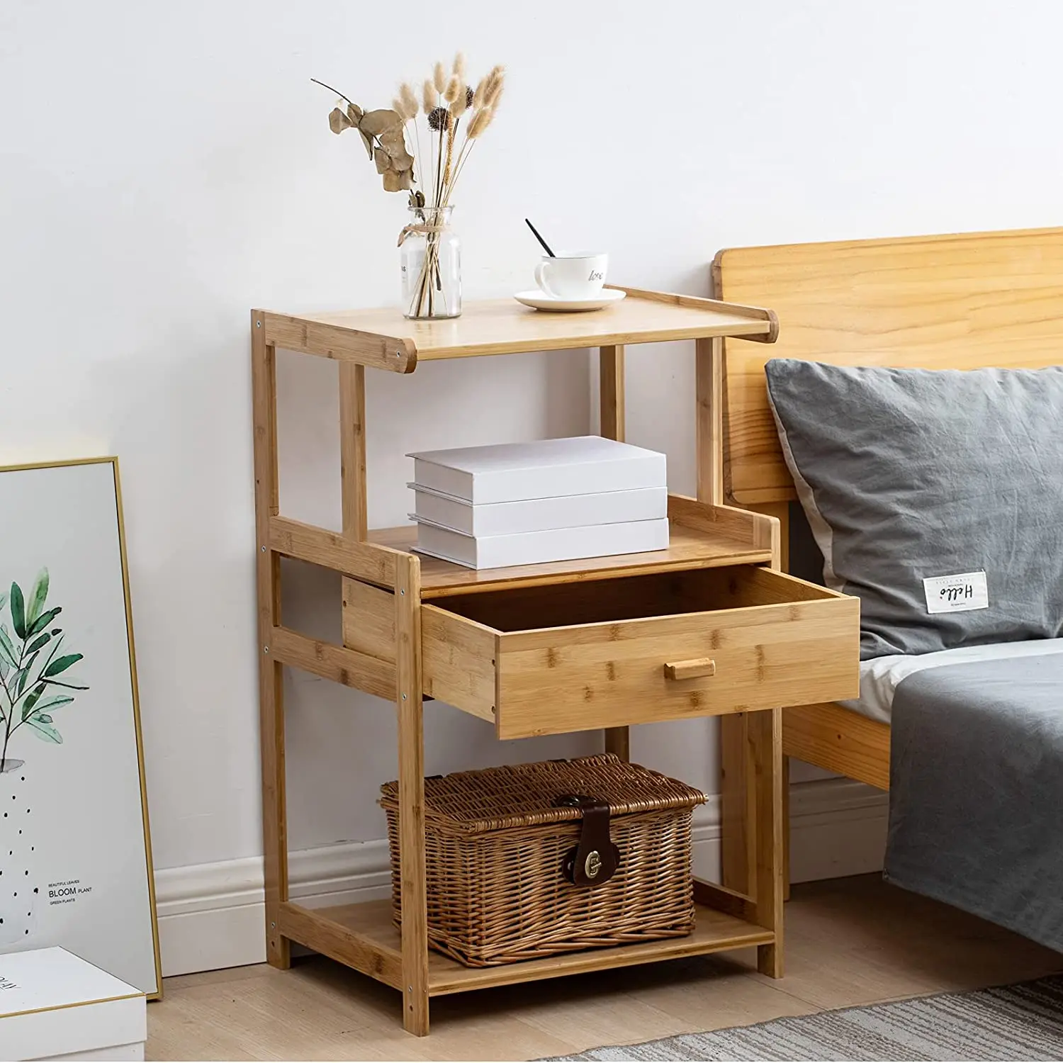 Rolling Cart with Wheels 3-Tier Printer Cart Side Table Home Office Organization Bamboo Printer Stand Holder with Drawer Shelf