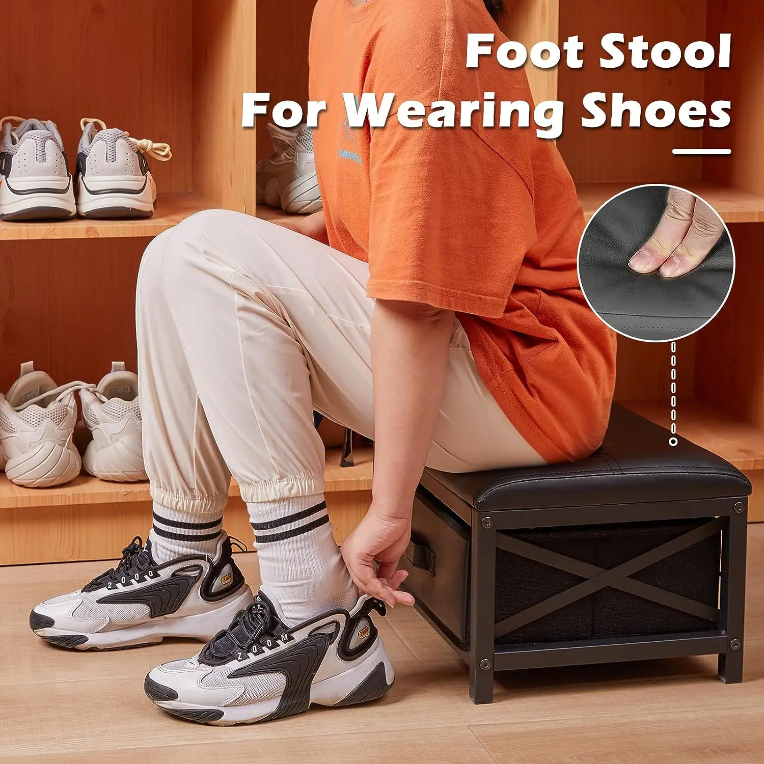 Small Foot Stool, Faux Leather Foot Rest Stool with Storage, Foot Stools Ottoman for Living Room Bedroom Entryway, Black