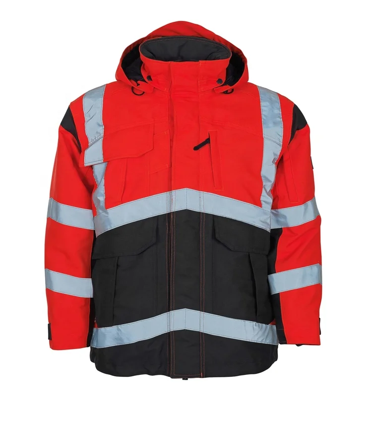 Wholesale Security Parka Waterproof Insulated Upper Reflector Jacket with Rib Adjustable Hood Rain Wear Vest Uniform