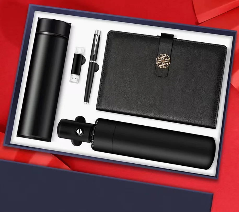 high class classical business book gift set with customized logo on USB cup speaker pen battery charger umbrella gift box