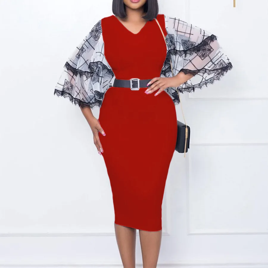 D301 New design spring women clothes flare sleeve ladies office dresses v neck midi belt pencil elegant women dress career dresses