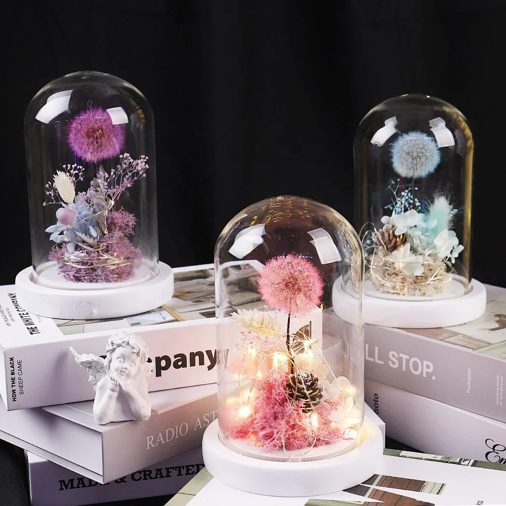 Top Seller Eternal Rose Bouquet Dandelion Luminous Led Perpetual Flower Preserved Roses In Glass dome for home decoration