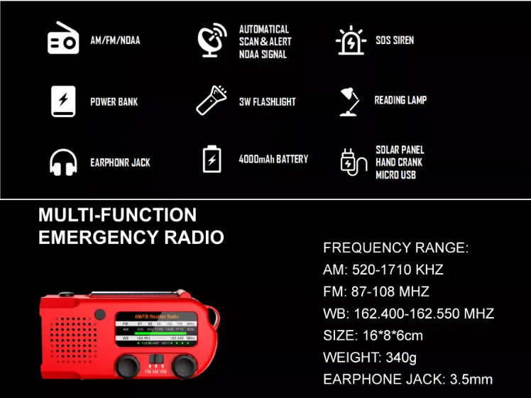 Hot sell Emergency solar hand crank led flashlight noaa am fm weather portable radio with 5000mAh power bank
